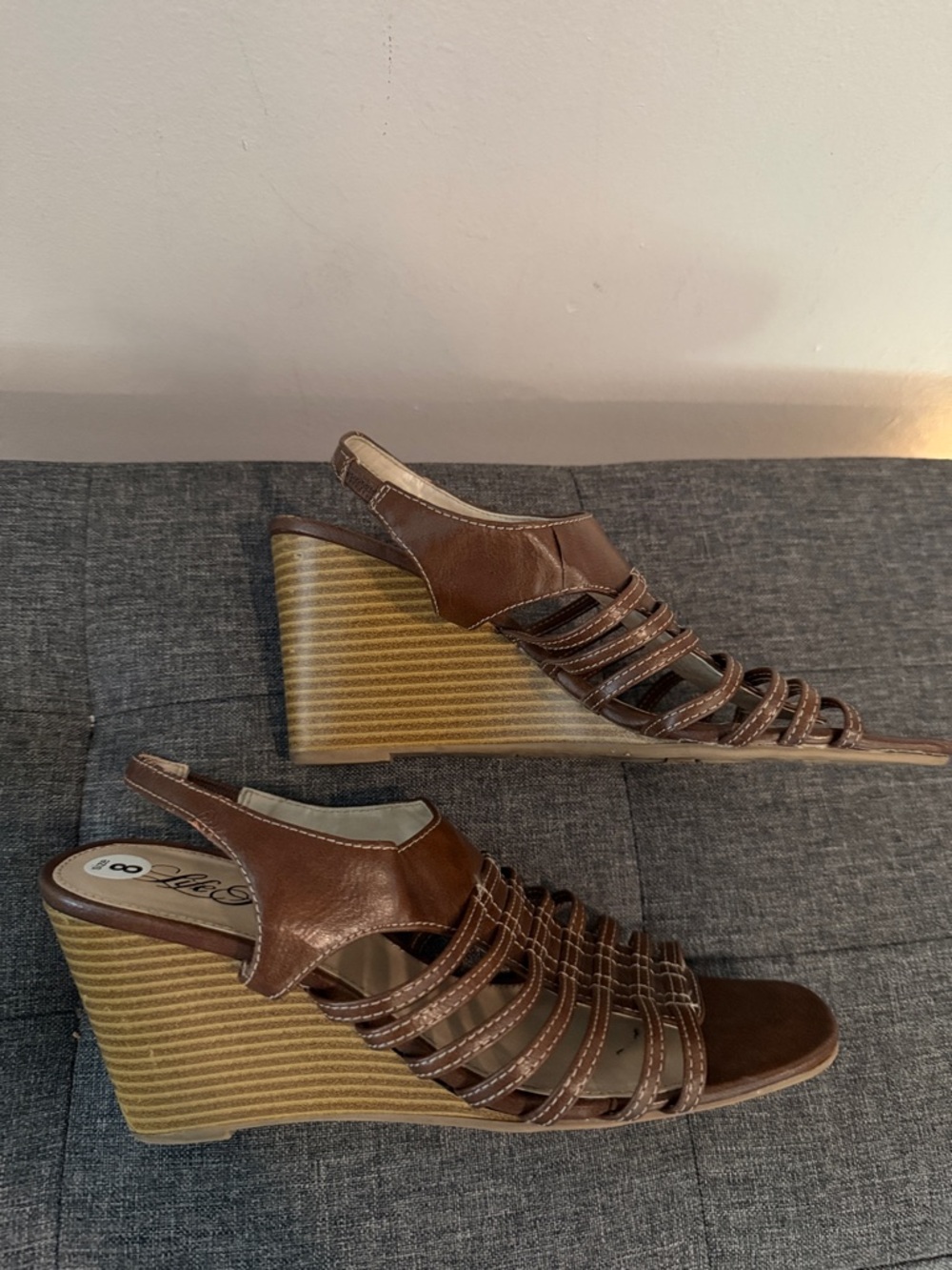 Life Stride Brown Faux Leather Strappy Wedge Sandals Size 8